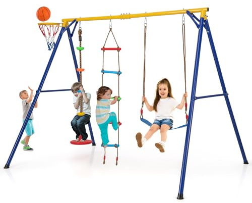 COSTWAY Set Altalena per Bambini Robusta, Set Altalena 4 in 1 con Canestro Basket, Altalena Regolabile, Scala e Disco con Corda, Giochi da Interno ed Esterno per Bambini 3-9 Anni, Portata 300 kg