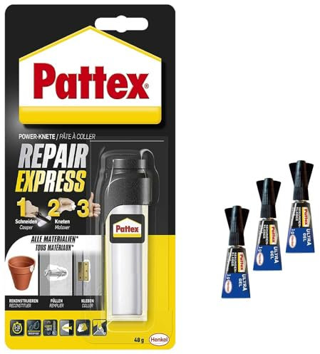 Pattex Powerknete Repair Express 1 x 48 g Klebeknete zum Kleben & Reparieren und 3 x 1 g Pattex Ultra Gel Sekundenkleber, Epoxidharz Kleber, lackier- und schleifbar