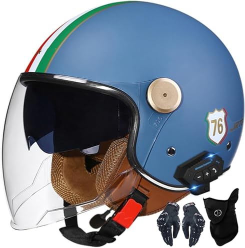 Kcolic Casco Moto Bluetooth 3/4 Cuffie E Microfono Integrati con Visiera Parasole Retrattile Mezzi Caschi Moto Stile Vintage Certificazione DOT/ECE Casco Jet Integrale K