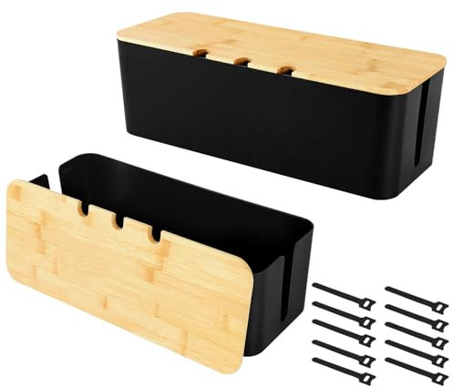 2 Stück Kabelbox Groß, Kabelmanagement Box, Kabel Organizer Box Mit Holzdeckel, Cable Management Box, Kabelorganisator Box zum Verstecken und Ordnen von Kabeln, Cable Organizer Box Groß (Schwarz)
