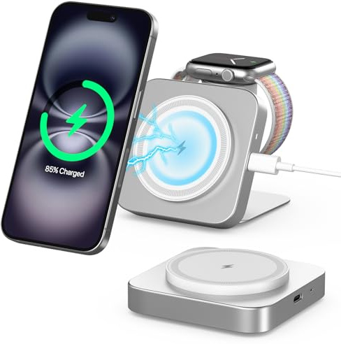 Mag-Safe Ladestation,Tragbare Ladegerät für Apple Watch und iPhone, induktive Ladestation für Reisen kompatibel mit iPhone 16 15 14 13 12 iWatch Serie, Wireless Charger für Airp0ds Pro 3 2 (Silber)