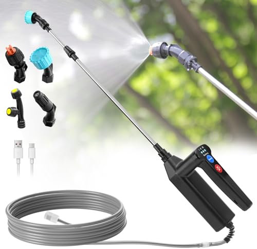 SYLSTAR Pulverisateur Electrique avec 3 Vitesses de Pulverisation, 7.4 V Pulverisateur de Jardin Puissant,4 Buses Reglables Pulverisateur a Pression avec 8M Tuyau et 60cm Tige Telescopique