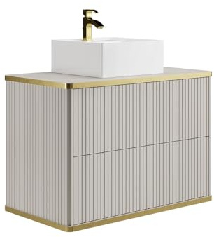 Vente-unique-Waschbeckenunterschrank hängend mit quadratischem Aufsatzwaschbecken - Streifenoptik - Goldfarbene Umrandung - Beige - 80 cm - KELIZA