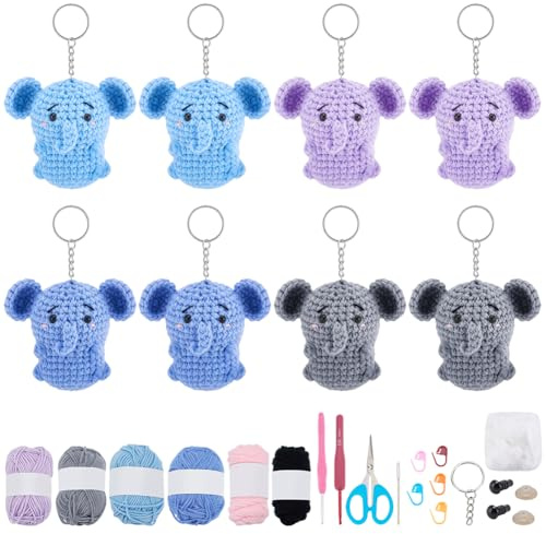 WEBEEDY 8 Sets DIY Crochet Kit for Beginners,Elephant Keychain Crafting Set Animal Crochet Starter Kit Includes Colorful Yarn,Crochet Hook,Key Rings and Video Tutorials for Adults Home Decor Gift