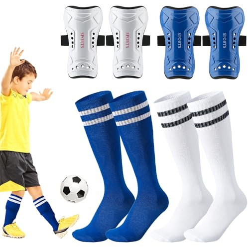 Hoemwarm 2 Pack Kids Soccer Shin Guards Soccer Socks Protective Shin Pads Adjustable Straps for 6-10 Years Old Youth Football Games Training (Blue,White)