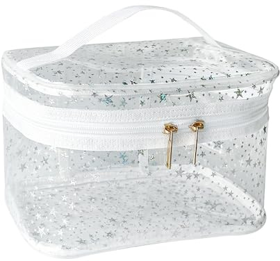 TotePrint Trousse de maquillage en PVC - Motif étoilé - Étanche - Forme de seau carrée - 22 x 14 x 14 cm - Organiseur de maquillage de voyage - (lot de 1), Transparent, Moderne