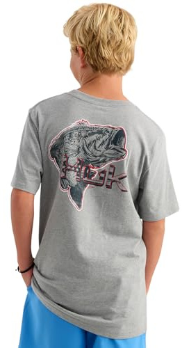 HUK Kids KC Scott Fishing Graphic Tee, Kids Short Sleeve Performance Blend T-Shirt, KC Americana - Sharkskin Heather, Medium