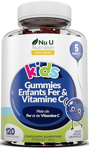 Nu U Nutrition Gummies Enfants Fer & Vitamine C - 120 Oursons Gélifiés Végan Goût Myrtille - Complément Alimentaire pour Enfants 5 ans et + - Fer 7mg + Vitamine C 10mg - Soutien Énergie et Immunité