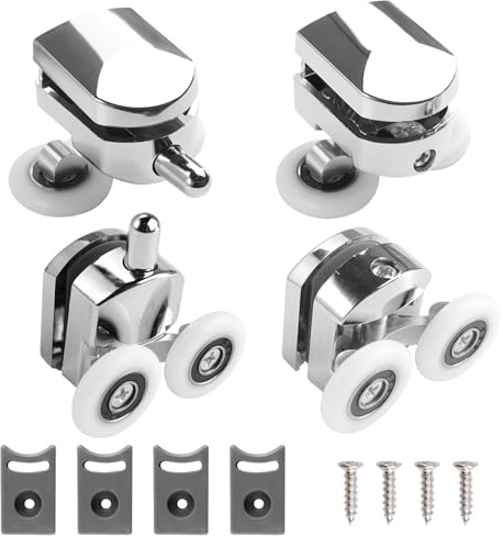 4 duschdörrsrullar, 25 mm duschdörrsrullar, reservdelar för glas 4–6 mm | diameter duschkabin hjul med antikollisionsblock och skruvar, duschdörrshjul för duschdörrar (2 övre och 2 underrullar)
