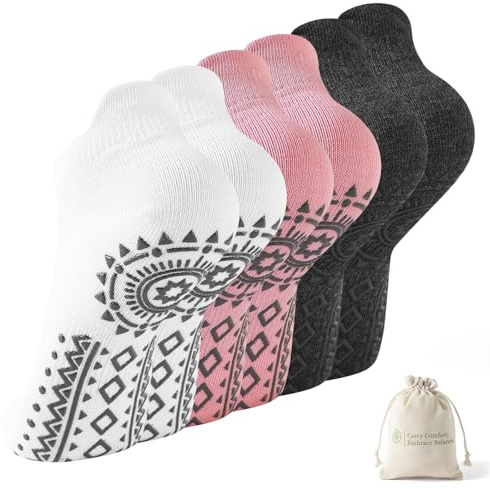 BISOUSOX Chaussettes Yoga Antidérapantes avec Sac Femme Coton Chaussette Pilates Femme Cadeau pour Mère 3 Paires