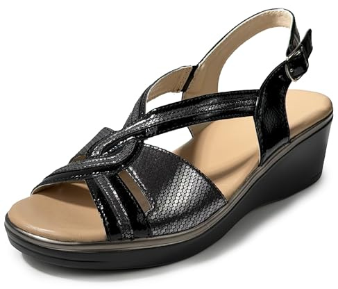 JOMIX Sandali Estivi Donna Comodi con Zeppa 5 cm Sandali Eleganti Punta Aperta con Cinturino Posteriore e Fibbia Regolabile Plantare Morbido Suola Leggera Antiscivolo Scarpe Anziani Estate Nero 38