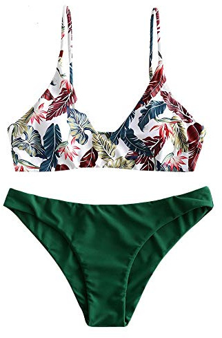 ZAFUL Conjuntos de Bikini para Mujer, Top de Bikini con Tirantes Finos Push-up, Cintura Alta, bañador con Estampado de Plantas, Verano