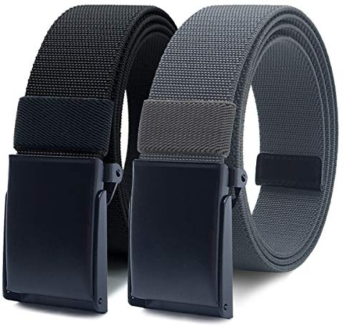 WYuZe Nylon Elastic Stretch Belt 2 Pack Men Casual Golf Belt Adjustable Military Metal Buckle Outdoor Work Sports Hunting Hiking (Black+Dark Gray, Fits pant up to 42)