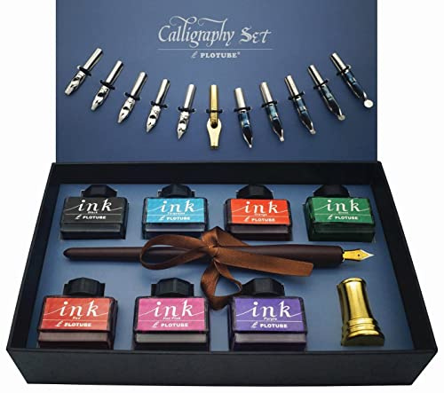 IDEAPOOL Set Calligrafia 22 Pezzi, include 7 inchiostri a bottiglia, 12 Pennini Calligrafici, penna in legno, portapenne dorato e libretto di introduzione