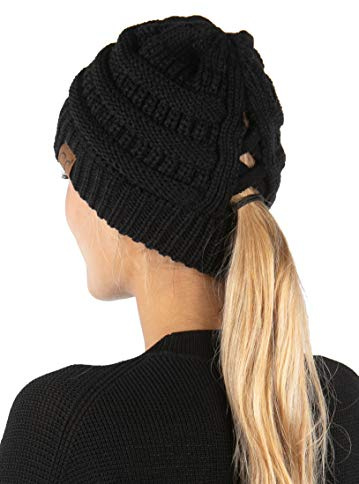Funky Junque Ponytail Beanie for Women – Criss Cross High Pony Tail Womens Winter Hat, Warm Cute Knit Ponyback Beanies, Perfect for Cold Weather Gifts - Black