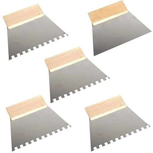 Toolty 5PCS Set - Steel Trowel 180mm - 4x4, 6x6, 8x8, 10x10mm Notch - Wooden Handle - for Adhesives, Mortars and Tiles - DIY - TLTY-S037