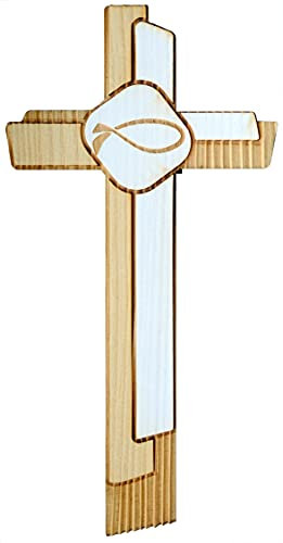 Kaltner Präsente Geschenkidee - Echtholz Wandkreuz Holz Kreuz Fichte Kruzifix Fisch Symbol Modern für die Wand modern gefertigt im Grödner Tal Südtirol (Höhe 18 cm)