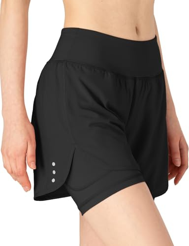 donhobo Damen Sport Shorts Sommer 2 in 1 Kurze Hosen Schnelltrocknende Laufshorts Fitness Joggen und Training Sporthose (Schwarz, XL)