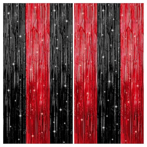 KatchOn Red and Black Fringe Curtain - 6.4x8 Ft Pack of 2 | Red and Black Streamers for Casino Theme Party Decorations | Foil Fringe for Anniversary, Bachelorette | Graduation Decorations 2026