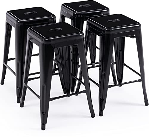 Vogue Furniture Direct 24 Inch Metal Bar Stools, Backless Counter Height Barstools, Indoor Outdoor Stackable Stools with Square Seat, Set of 4 (Black)