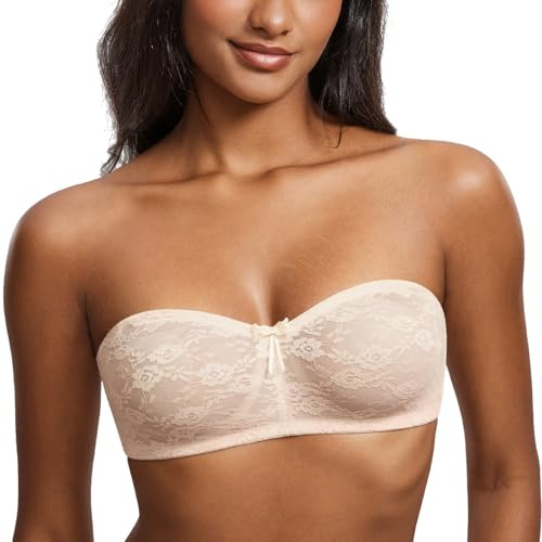 DELIMIRA Sujetador sin Tirantes Encaje para Mujer | con Aros, Tallas Grandes, Multiposicion, Bandeau