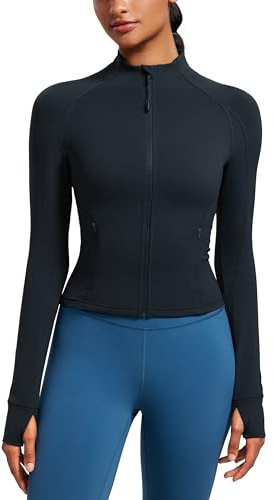 CRZ YOGA Butterluxe Waist Length Jackets for Women - Full Zip Athletic Track Tops with Thumb Holes Pockets True Navy Small