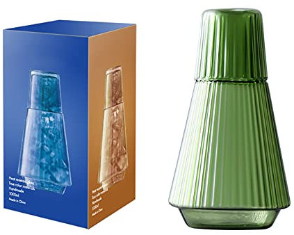 Classic Striped Glass Bedside Night Water Carafe with Tumbler Glass, 34oz Vintage Bedside Water Carafe and Glass Set, Clear Glass Juice Water Pitcher for Bedroom Nightstand(Green)