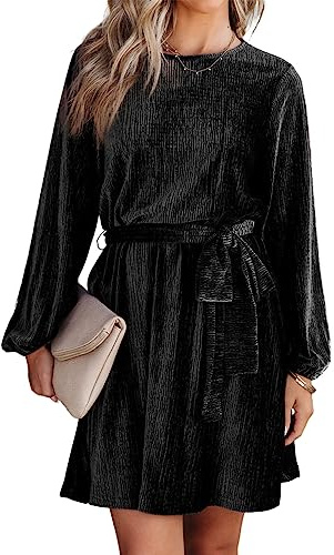 Happy Sailed Women's Mini Dress Elegant Long Sleeve Tie Waist A-Line Skater Velvet Retro Cocktail Party Dresses for Wedding Guest Black Large