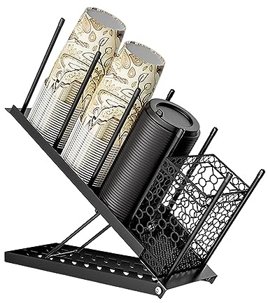 Portavasos Y Tapa, Organizador De Portavasos De Café Ajustable,Dispensador Vasos Desechables De 4 Compartimentos Con Cesta De Almacenamiento De Paja Para Encimera De Bar De Café