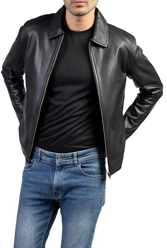 Jild Polo Collar Premium Leather Jacket Men - Old School Classic Style Everyday Wear Real Lambskin Mens Leather Jacket (Polo-Blk-XL)