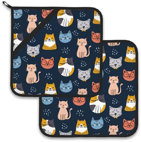 Cute Cat Pot Holder Set of 2,Heat Resistant Potholders Oven Hot Pads for Kitchen Cooking Baking BBQ