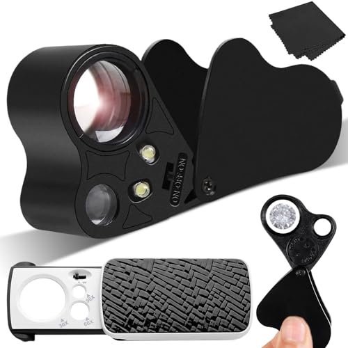 WAVATA 2 Stück Juwelierlupe 30X 60X 90X, Taschenlupe mit UV und LED Licht, für Schmuck, Münzen, Briefmarken & mehr