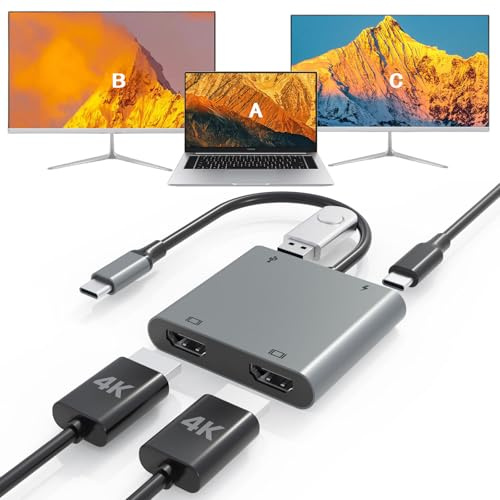 USB C to Dual HDTV Adapter, Fophmo 4K@60Hz HDTV Splitter Extend Display for Dual Monitors, macOS Only Allows Mirror Mode, Windows Allows Multi-Monitor Display 3 Separate Screens for 100W PD,USB-A Port