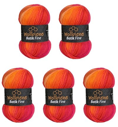 Wollbiene Batik Fine Lot de 5 pelotes de laine de 100 g pour tricot et crochet (500 g) Multicolore Avec dégradé de couleurs Couleur (1410 rouge orange)