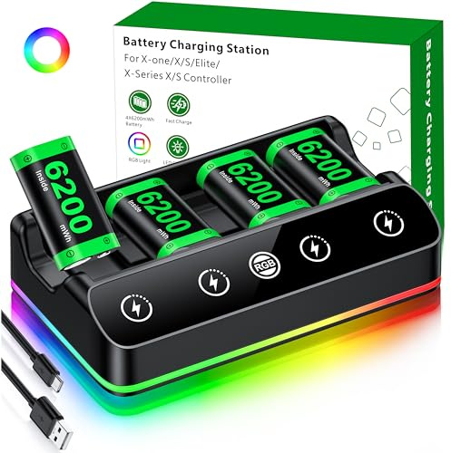 DINOSTRIKE Paquete de 4 baterías de 6200 mWh compatibles con Xbox One/Series S/X Skins Controller Estación de carga 【Cable USB C extendido】 Batería recargable compatible con Xbox 360