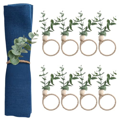Napkin Rings Set of 8, Boho Green Leaf Eucalyptus Wood Bead Napkin Rings Holder for Weddings, Thanksgiving, Christmas, Easter, Fall, Spring Table Decor