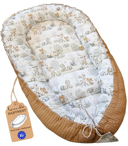 Leanbe Babynest 90x50 cm – Babynestchen für Neugeborene, Nestchen Baby aus Baumwolle & Polyester, Bettnestchen für Winter/Herbst, Baby Nest Set für Indoor & Outdoor (WAFFELSTOFF BEIGE)