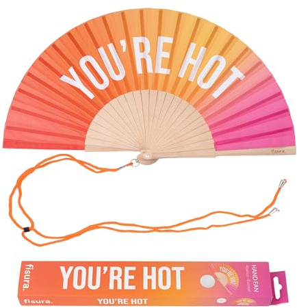 Fisura – Färgstark solfjäder med texten “you are h*t”, en livlig detalj med rosa-orange färgövergång. Träfläkt med unik stil. Med snöre. Storlek: 42,5 x 23 cm