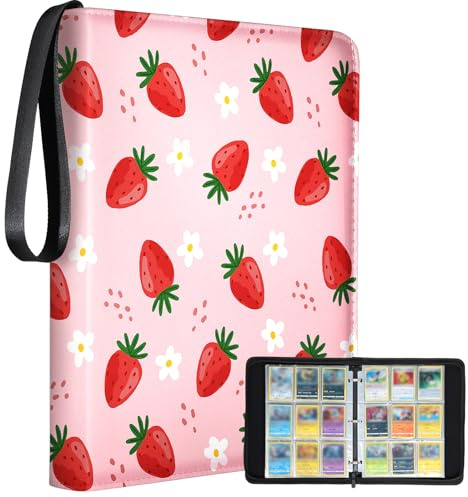 Lotadilo for 9 Pocket Card Binder for 900 Cards - Large Capacity Trading Card Collection Album Folder Double Sided Pocket with Zipper Strawberry for Girls Girly Teens for Sports Cards Game Cards