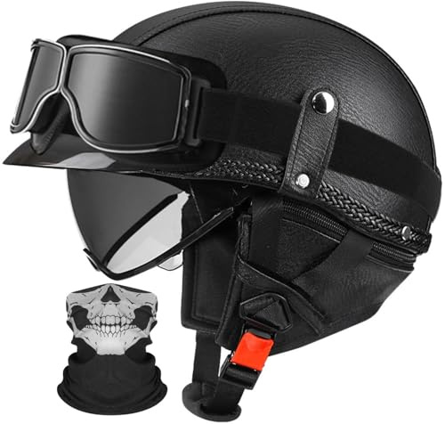 Retro Alemán Estilo Moto Casco ECE/Dot Homologado Moto Jet Medio Casco con Visera, Retro, De Media Cara, para Casco para Scooter De Verano, Motocicleta para Hombres Y Mujere