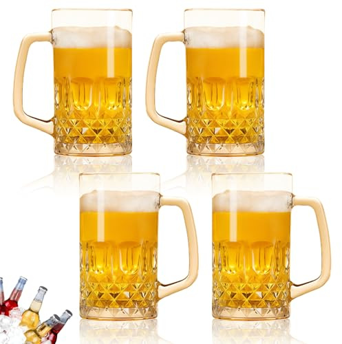 GAOUTO Set di 4 brocche da birra trasparenti in vetro, da 500 ml, con manico, bicchieri da birra da 05 litri, grande capacità, per feste, bar, ristoranti, casa, feste di birra