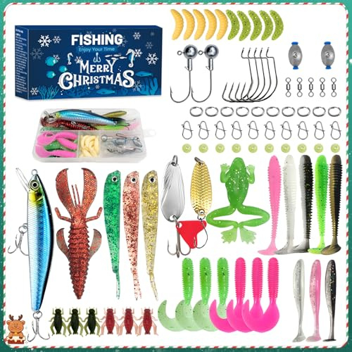 NoxGule Leurre Souple, Materiel de Peche, Leurre Peche Mer, Accessoires de Pêche, Eau Douce et Eau Salée, Cadeaux de Noël Parfaits pour Papas et Grands Pères, 83PCS