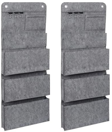 GOEDCH Bolsa de fieltro de 2 piezas para colgar puerta: 32 x 5 x 80 cm, organizador colgante con 6 bolsillos y 2 ganchos, para puertas, baños, pasillos, oficinas (gris)