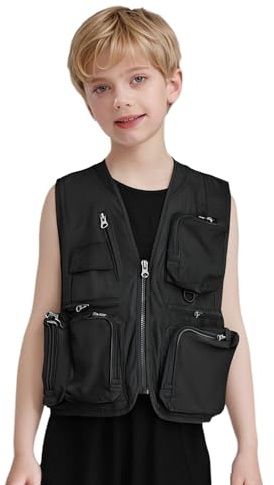 CHICTRY Kids Fishing Vest Lightweight Outdoor Travel Sleeveless Vest Outwear with Zipper Multi Pockets Black 8-12 Years