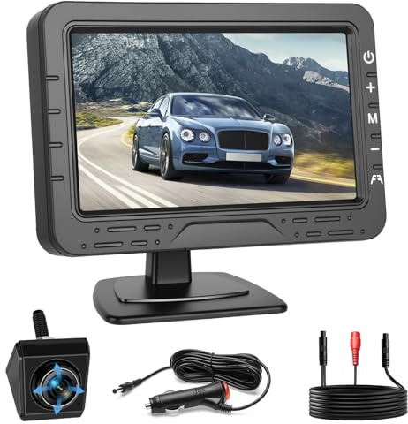 Hikity Telecamera Retromarcia 4,3 Pollici Monitor con Rotante 360°Retrocamera, IP68 Impermeabile IR Visione Notturna Telecamera Posteriore Per Camion, Autobus, Furgoni, Camper, Pickup,12-24V