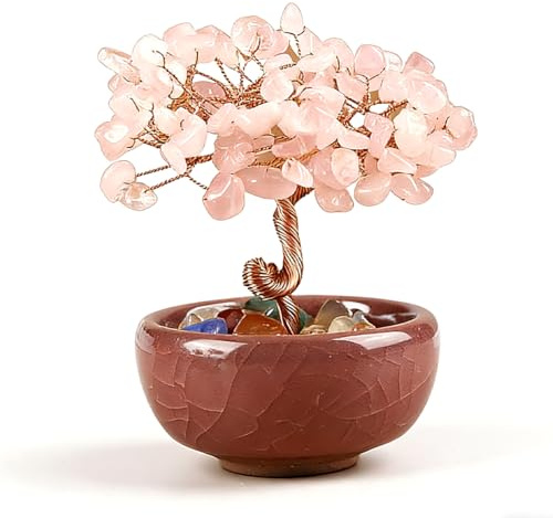LEPGUYO Albero della Vita in Quarzo Rosa, 72 Cristalli & 8 Fiori – Regalo Donna per San Valentino, Decorazione Feng Shui con Scatola per Casa & Ufficio