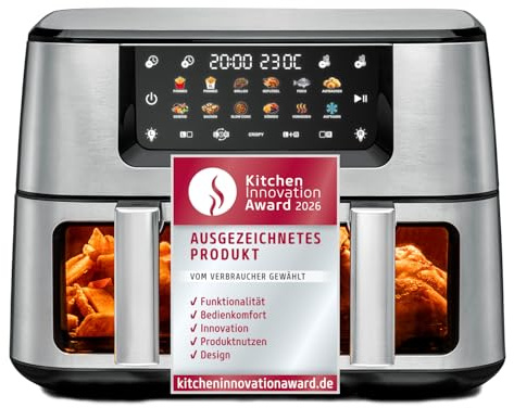 ROMMELSBACHER FRH 2650 Dubbel varmluftsfritös, 2 korgar 5,5 liter, 40–230 °C, 12 program, visningsfönster, inomhusbelysning, PFAS-fri, match- och synkroniseringsfunktion