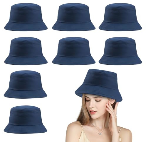 Lotvic 8 Pcs Unisex Bucket Hat, Foldable Summer Sun Hat, UV Protection Beach Fisherman Hats, Breathable Sun Hats for Men Women, Reversible Bucket Hat for Traveling Fishing Hiking Camping (Navy Blue)