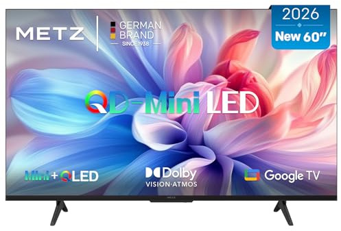 Metz 60 Pollici QD-MiniLED Smart TV con Google TV Full Array Local Dimming QLED Dolby Atmos Dolby Vision MEMC HDR 10+ UHD DVB-T/T2/C/S/S2 HEVC Main10 CI+ (MNH7000Z, 2026 Nuovo Modello)