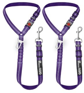 Comfortable Dog Seat Belt Harness for Car - 2-in-1 Leash and Restraint Secures to Headrest. Adjustable Bungee, Strong, Durable, 360 Degree Swivel Attach Won't Twist, Reflective, Easy to Use (PURPLE)